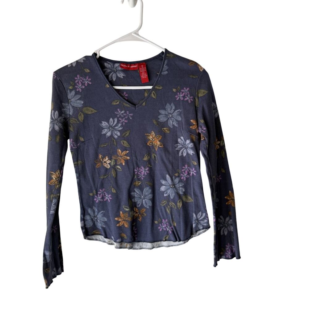 Gloria Vanderbilt Y2k Shirt Small Blue Floral Long Sleeve Stretch Top Casual‎